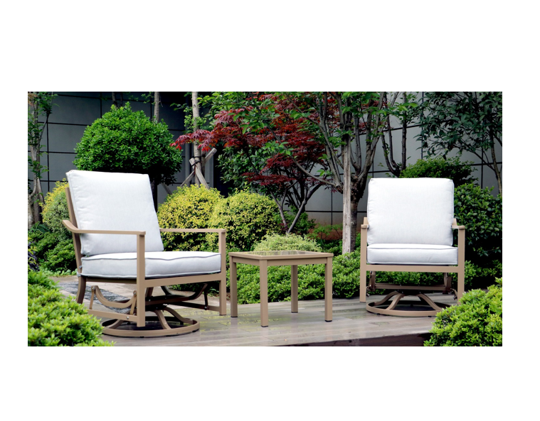 3 Pieces Outdoor waterproof patio set swivel rocking chair with tempered printed glass coffee table