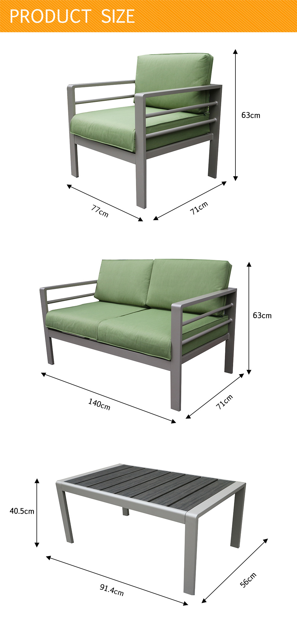 4 piece green patio chat set sofa KD armchair KD loveseat with aluminum tube powder coating coffee table