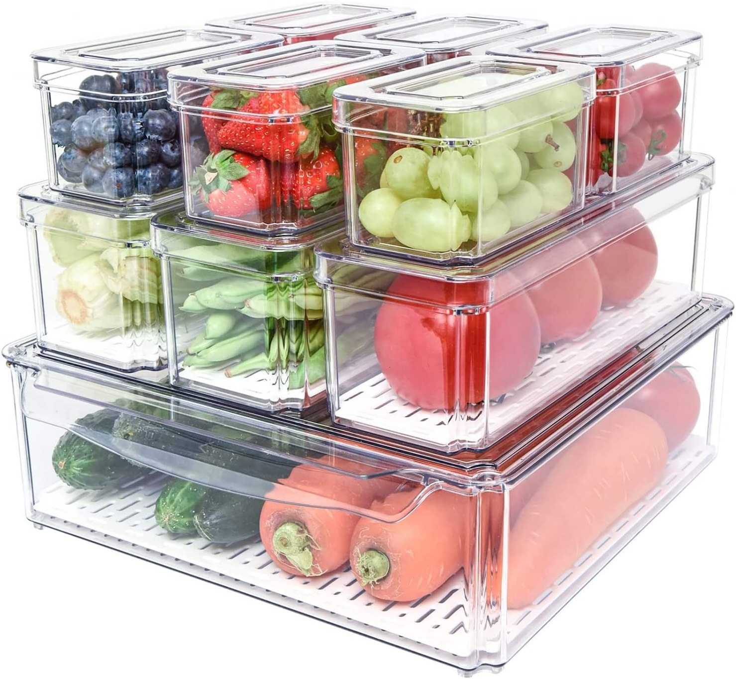 10 Pack Food Fruit Drinks Vegetable Home and Kitchen Storage Stackable Refrigerator Bins Clear Fridge Organizer Containers Box