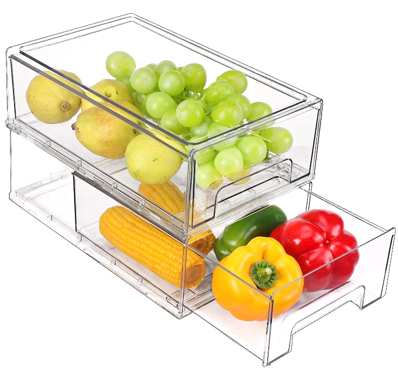 2 Pack Fruits Vegetable Food Clear Stackable Pull Out Refrigerator Organizer Fridge Plastic Pantry Storage Bins Drawers