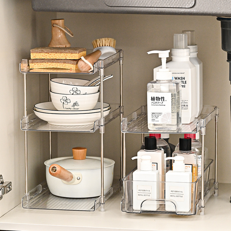 home and kitchen Pantry Organization and Storage Under Sink Closet  3 Tier Clear Bathroom Organizer rack with Dividers