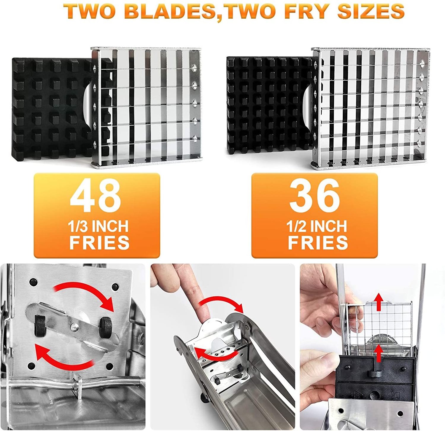 French Fry Cutter with 2 Blades  3.2 Inch Professional Potato Slicer with No-Slip Suction Base Onion Chipper