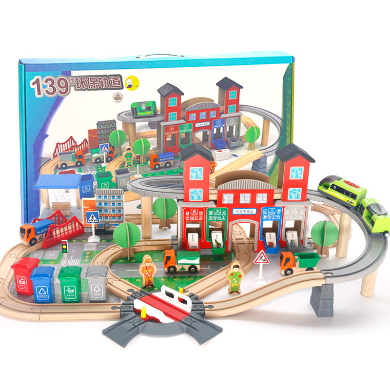 139 pcs Beech Children Educational Play DIY Building Blocks Train Railway Track Wooden Train Set Toy for Kids Train Toy