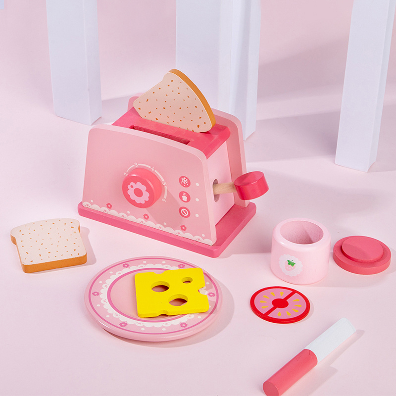 Children's simulation pink Princess toaster play house bread high cut toy set kids early education wooden kitchen toys