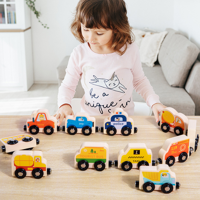 Montessori Educational Toy Cars 11pc Wooden Magnetic Train Set with Animal and Digital Car Designs for Toddlers