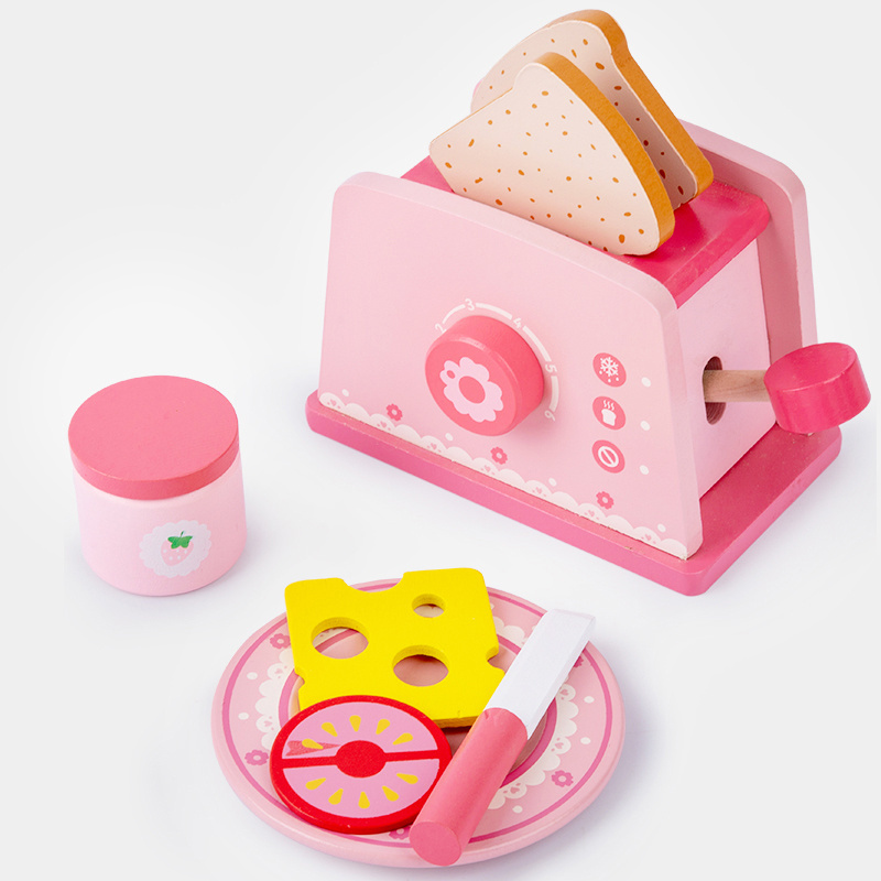 Children's simulation pink Princess toaster play house bread high cut toy set kids early education wooden kitchen toys