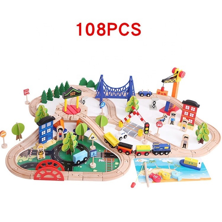 custom multifunctional fishing Educational classic railway toys wooden train track children toy train track