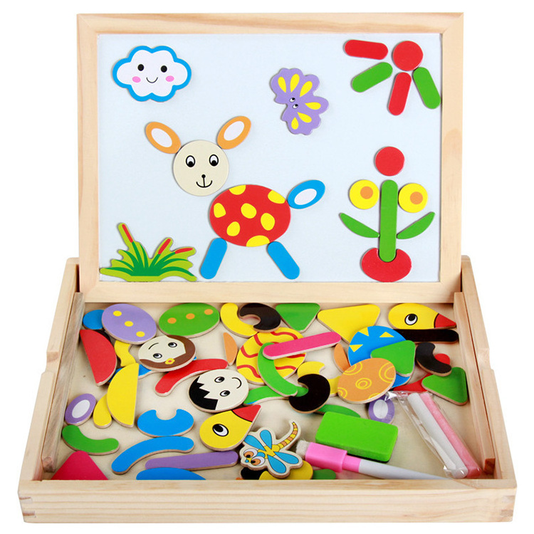 Multifunction Puzzle Games Double-Sided Erasable Wooden Magnetic Folding Drawing Board