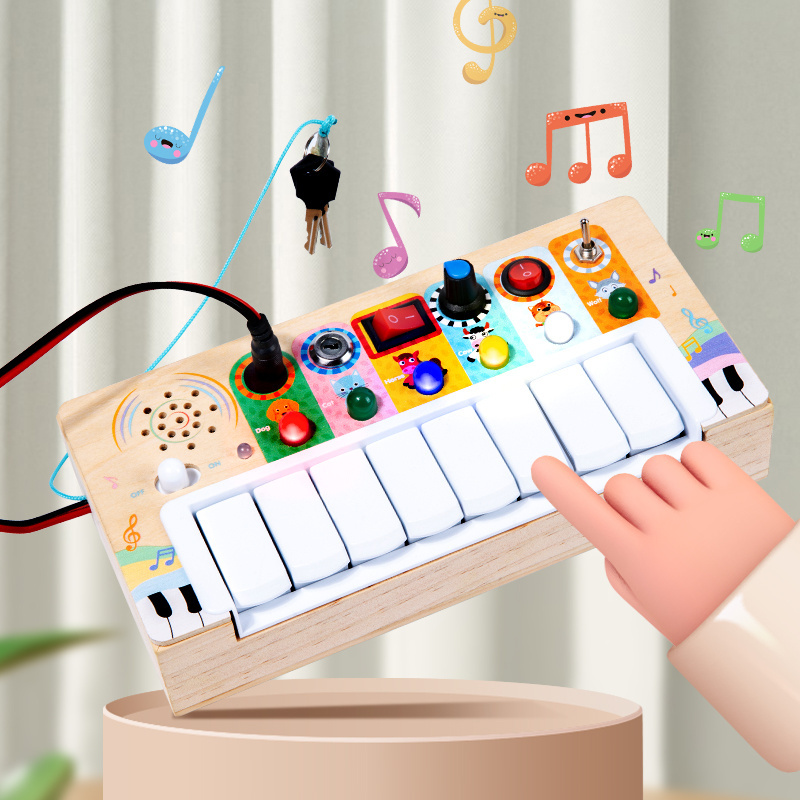 Newest Kids Wooden Sensory Toys Fidget Music Toy Montessori Toddlers Electronic Busy Board Toys With 6 LED Light Switches