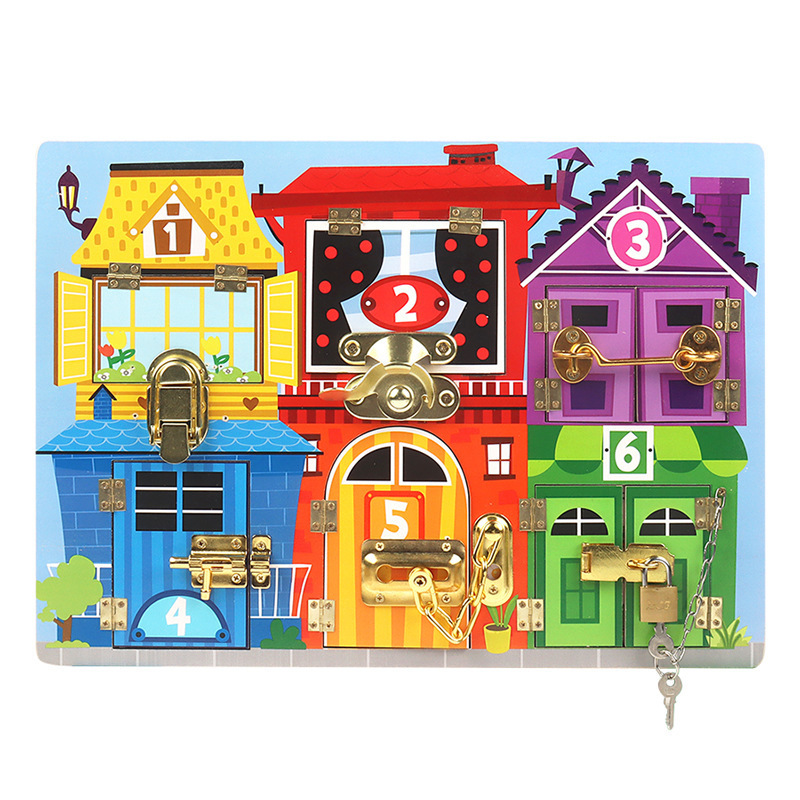 House Door Panel Early Education Puzzle Unlock Busy Block Wooden kids Montessori Unlock Busy Board Toy Wooden Activity Board toy