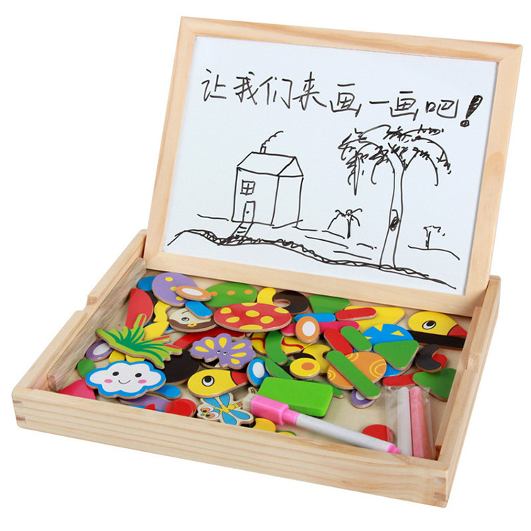 Multifunction Puzzle Games Double-Sided Erasable Wooden Magnetic Folding Drawing Board