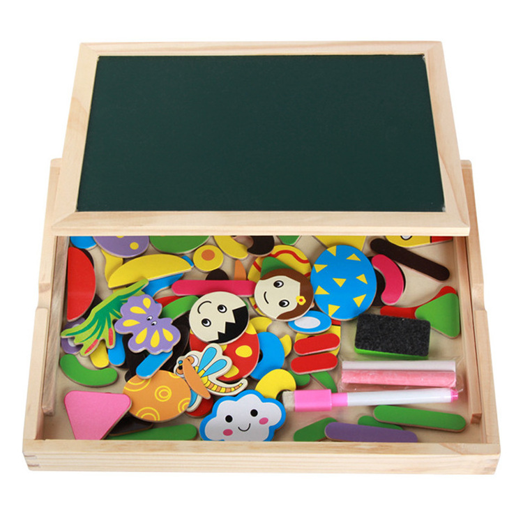 Multifunction Puzzle Games Double-Sided Erasable Wooden Magnetic Folding Drawing Board