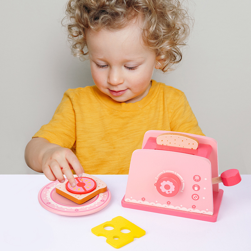 Children's simulation pink Princess toaster play house bread high cut toy set kids early education wooden kitchen toys