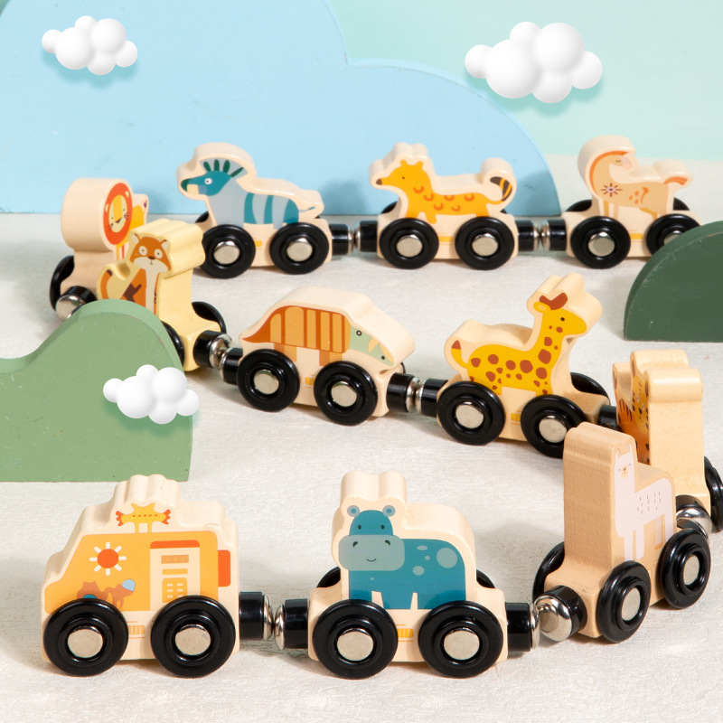 Montessori Educational Toy Cars 11pc Wooden Magnetic Train Set with Animal and Digital Car Designs for Toddlers