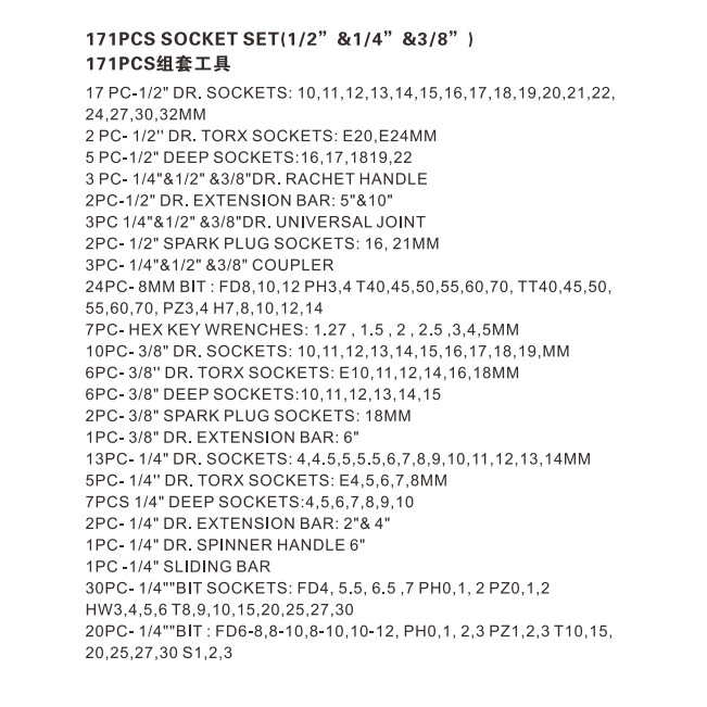 171pcs Mirror Polish Hand Tool Set Socket Wrench Set For Mechanics 3/8 And 1/2 Socket Set And Ratchet