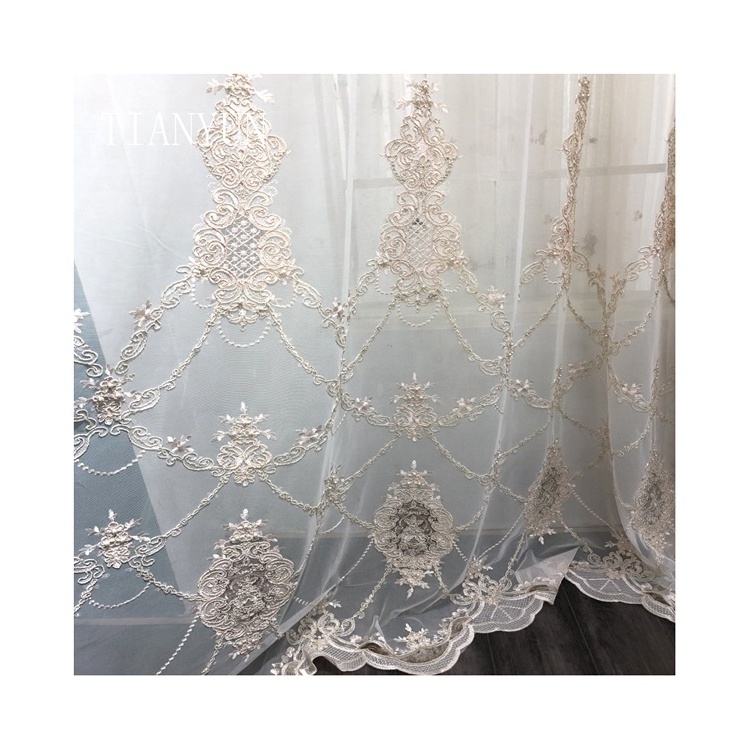 Luxury European Style White Embroidery Beads Sheer Fabric Curtain For The Living Room Window Wholesale