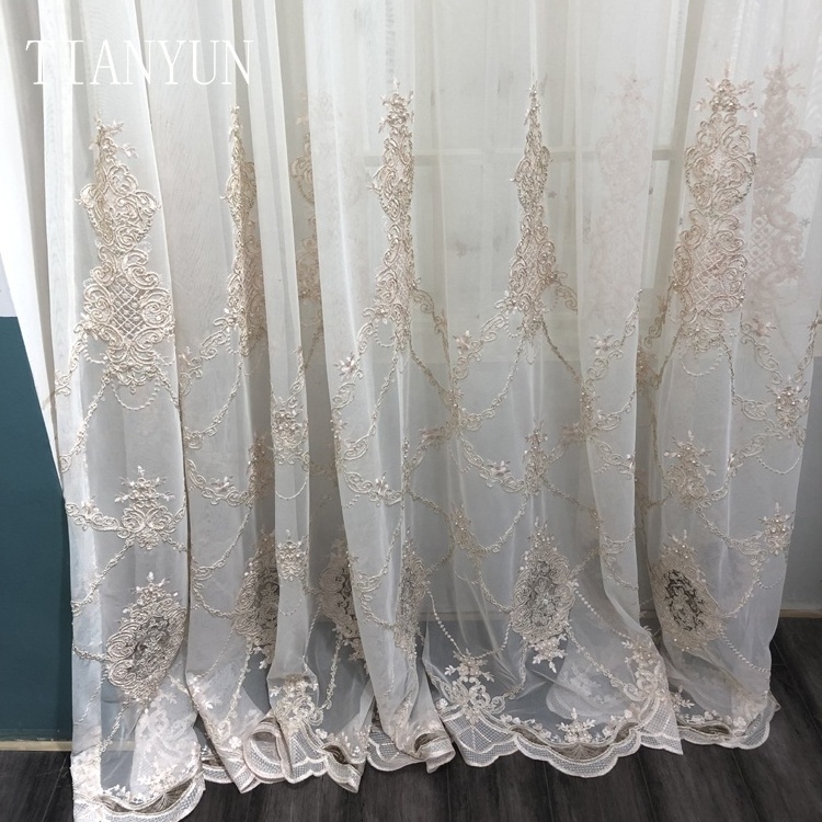 Luxury European Style White Embroidery Beads Sheer Fabric Curtain For The Living Room Window Wholesale