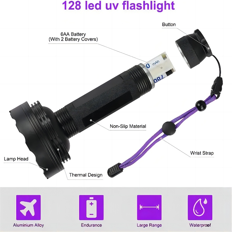 Professional 128 LED Flashlight 395nm UV Black Light 20W High Power Aluminium Alloy 6*Dry Battery Hunting Scorpion Emergency Use