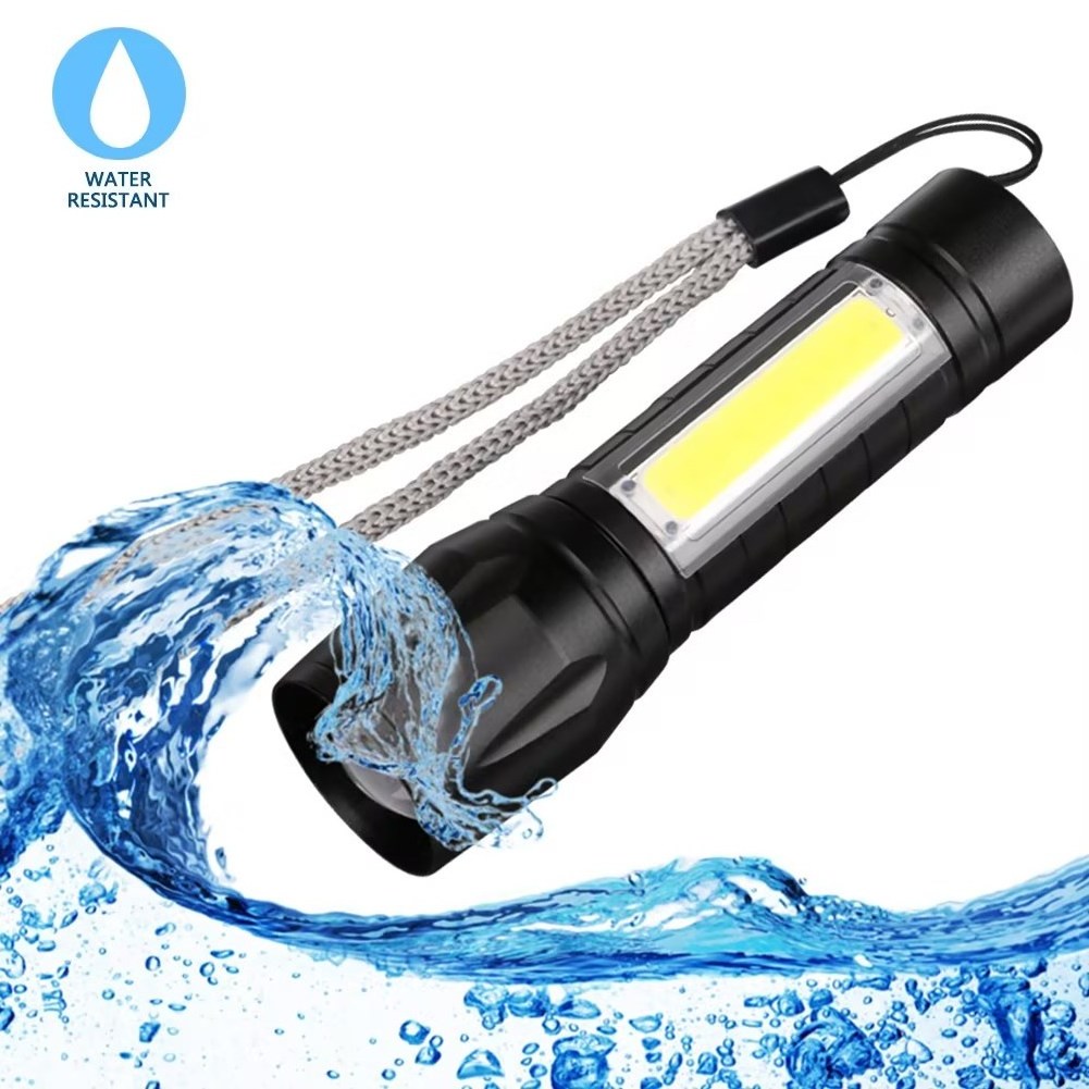 Waterproof Zoom Aluminium Small Pocket Mini USB Rechargeable Zoom Torch Light 3W XPE LED COB Flashlight with Plastic Box