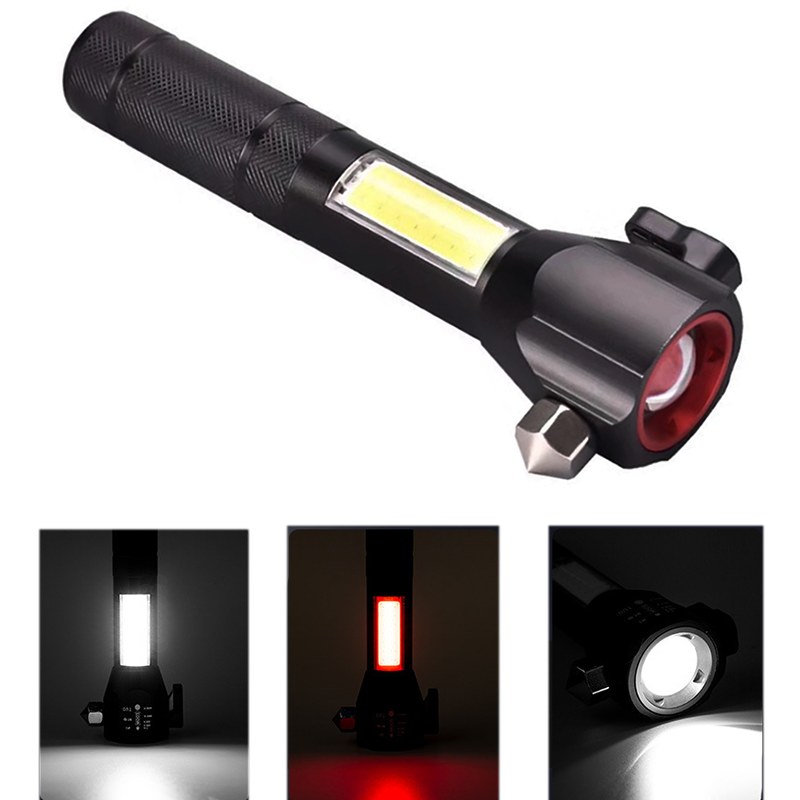 Self defense LED Flashlight Magnetic Torch Zoom USB Rechargeable Torch with safety hammer and knife