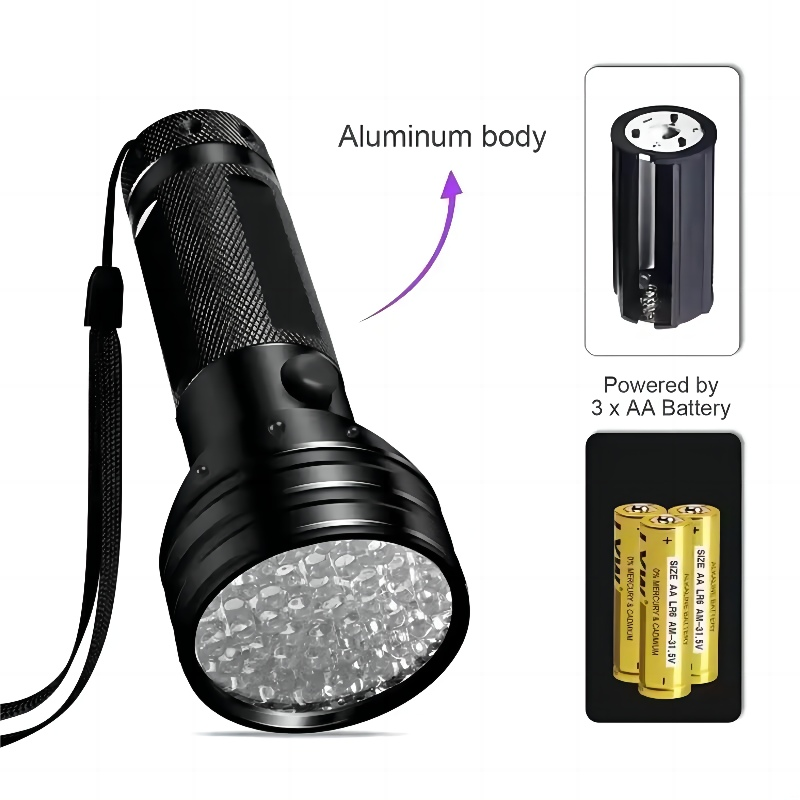 UV 51 LED Flashlight Aluminum Alloy Body Black Light Pet Urine Detector with 395nm UV Flashlight for Emergency Use