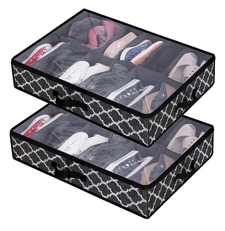 Large Capacity 12 Pairs Shoe Organizer Foldable Under Bed Shoe Storage With Reinforced Handles Clear Window Study Zippers