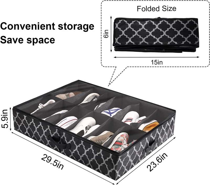 Large Capacity 12 Pairs Shoe Organizer Foldable Under Bed Shoe Storage With Reinforced Handles Clear Window Study Zippers