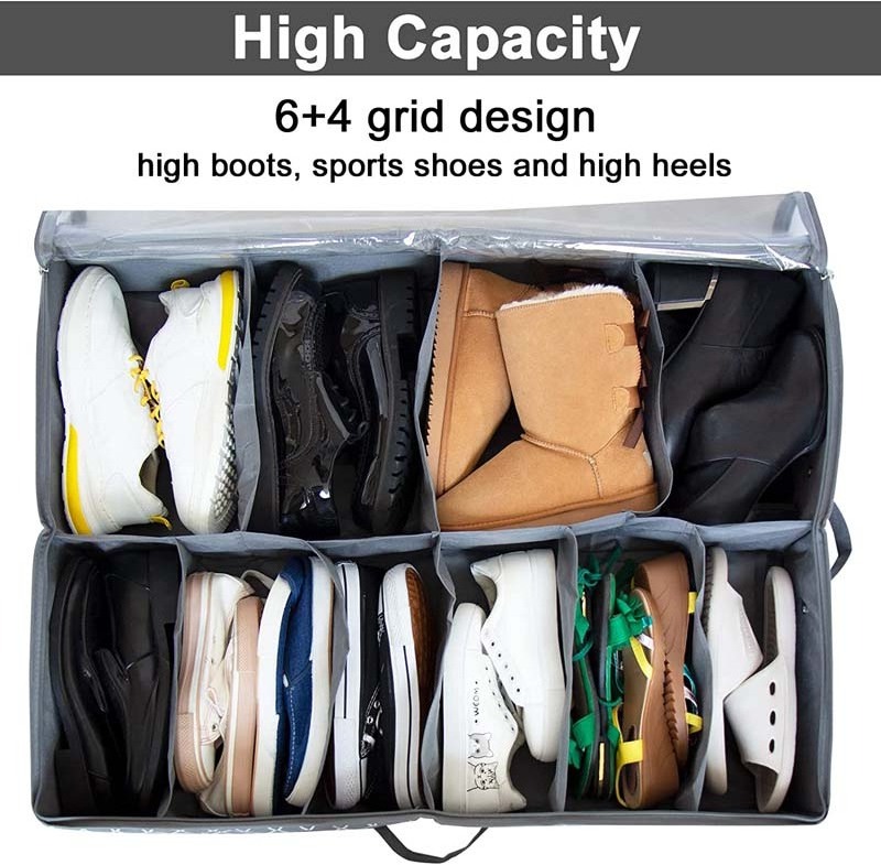 Large Capacity 12 Pairs Shoe Organizer Foldable Under Bed Shoe Storage With Reinforced Handles Clear Window Study Zippers