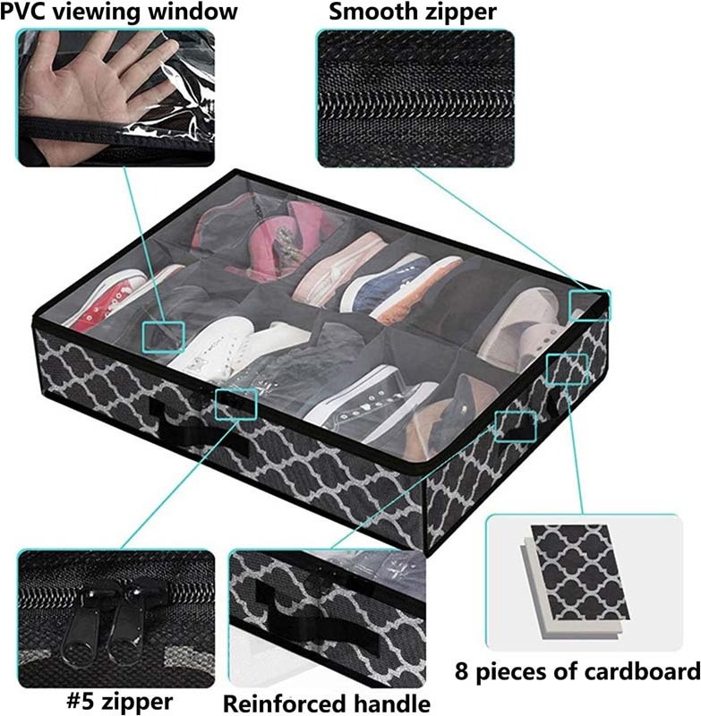 Large Capacity 12 Pairs Shoe Organizer Foldable Under Bed Shoe Storage With Reinforced Handles Clear Window Study Zippers