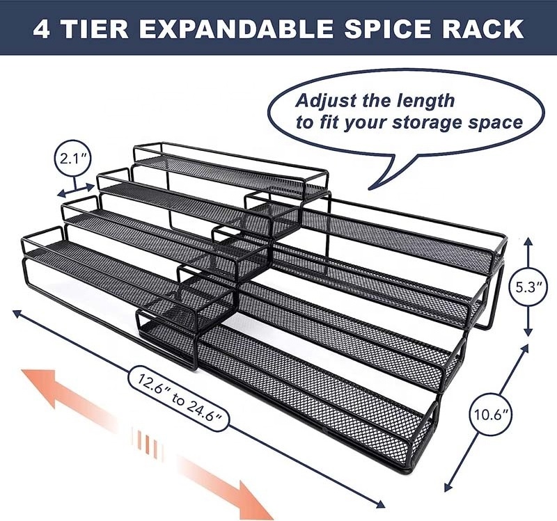 2023 Newest Kitchen Expandable Spice Shelf 4 Tier Seasoning Organizer for Cabinet