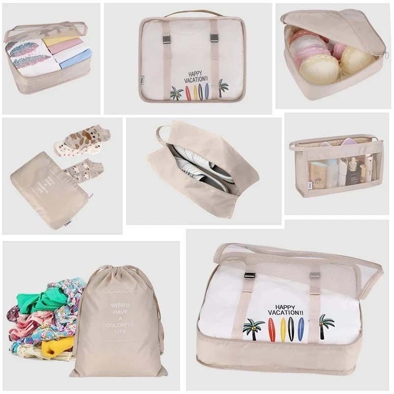 Custom 1/7/8/9pcs Set Travel Laundry Organizer Storage Bag Suitcase Packing Set Clothes Shoe Pouch