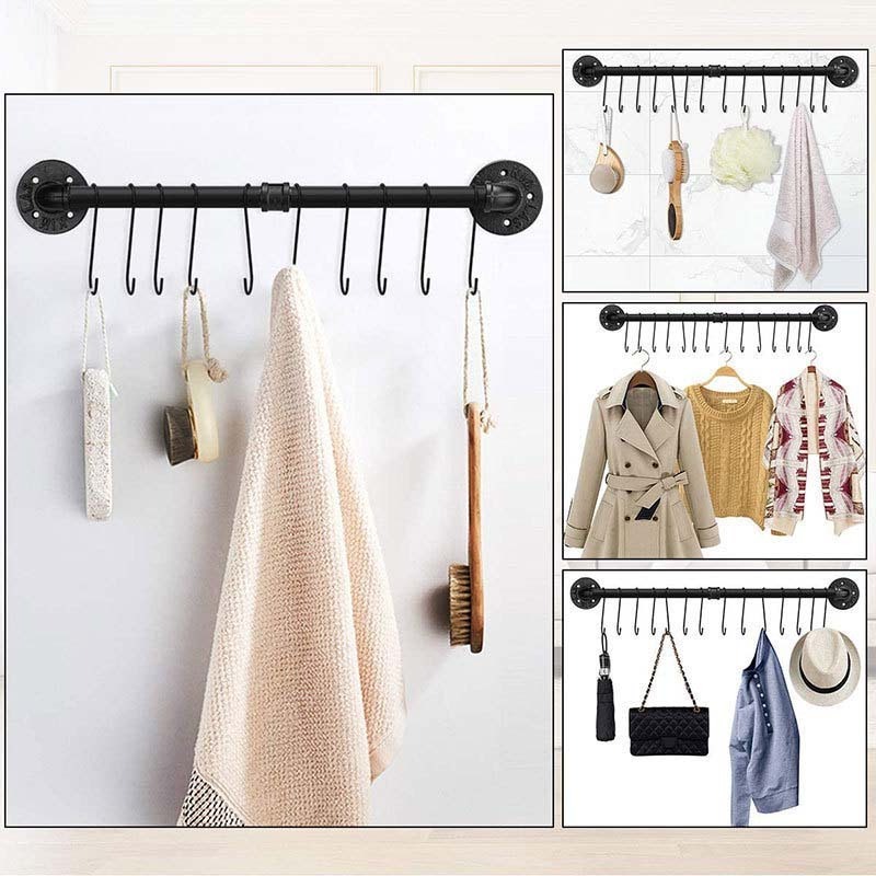 Home DIY Industrial Utensils Wall Hanger Iron Pipe Clothes Rack Bathroom Kitchen Towel Bar with 10 Hook