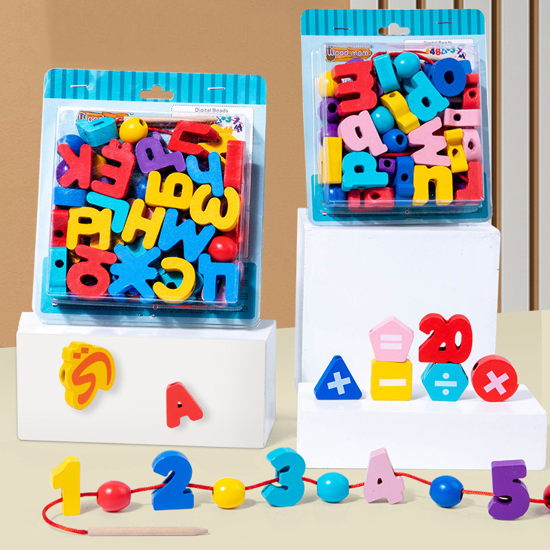 Educational Wooden Alphabet Lacing Beads Game Russian Arabic English Letter Number Blocks Learning Toys For Kids