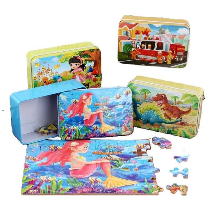 2023 60 Pieces Iron Box Wooden Kids 3D Puzzle Children Cartoon Early Educational Toy the Animal Pattern Puzzles