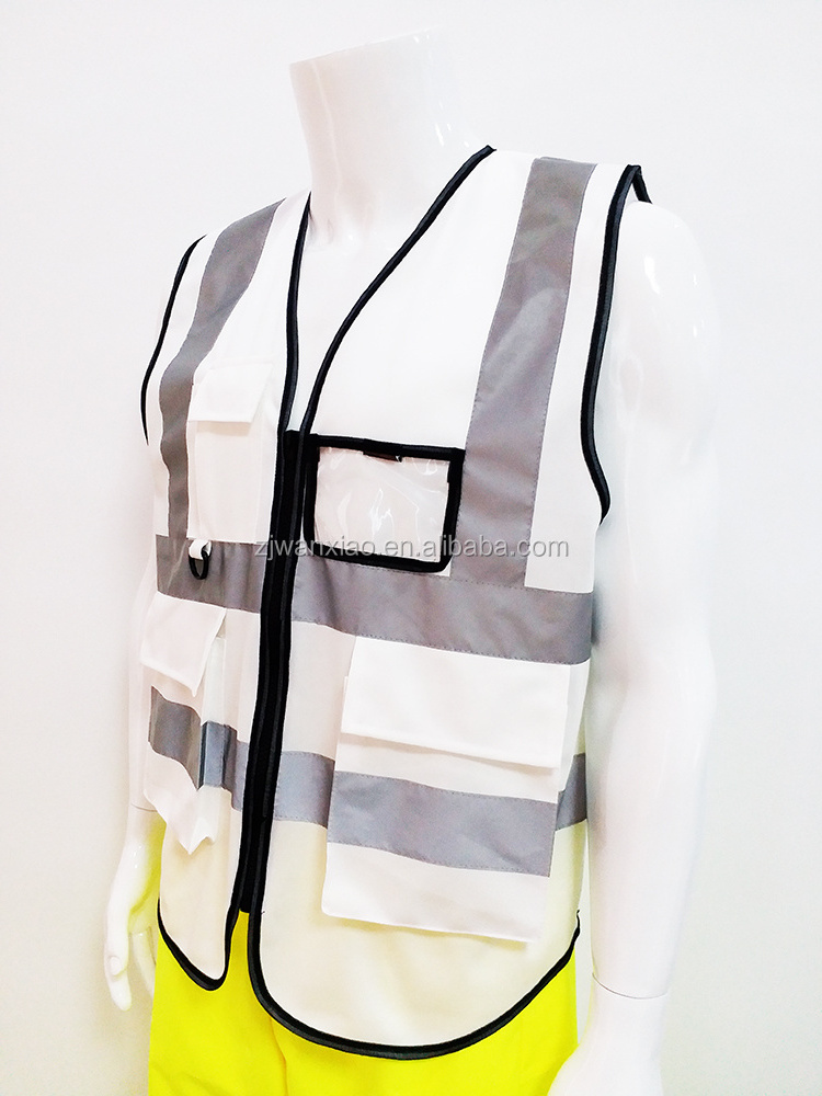 Custom 100% Polyester white Reflective Traffic Safety Vest with pockets