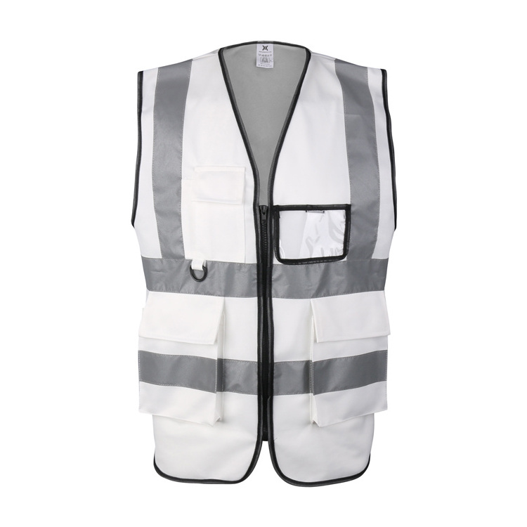 Custom 100% Polyester white Reflective Traffic Safety Vest with pockets