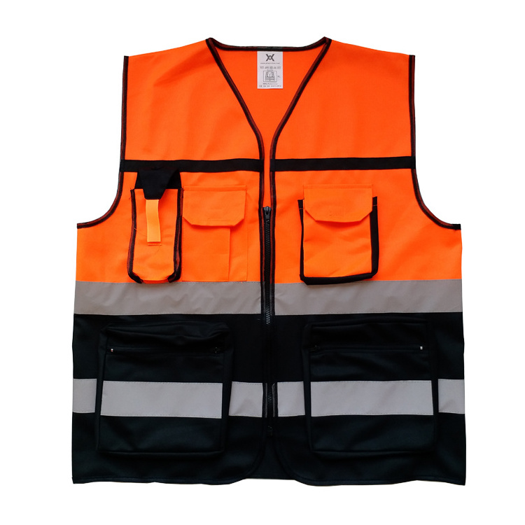 Wholesale Promotion Polyester Orange Black Fabric Reflective Safety Vest With Pockets cheap reflective work