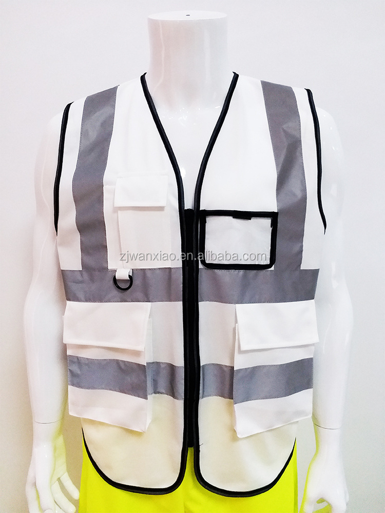 Custom 100% Polyester white Reflective Traffic Safety Vest with pockets