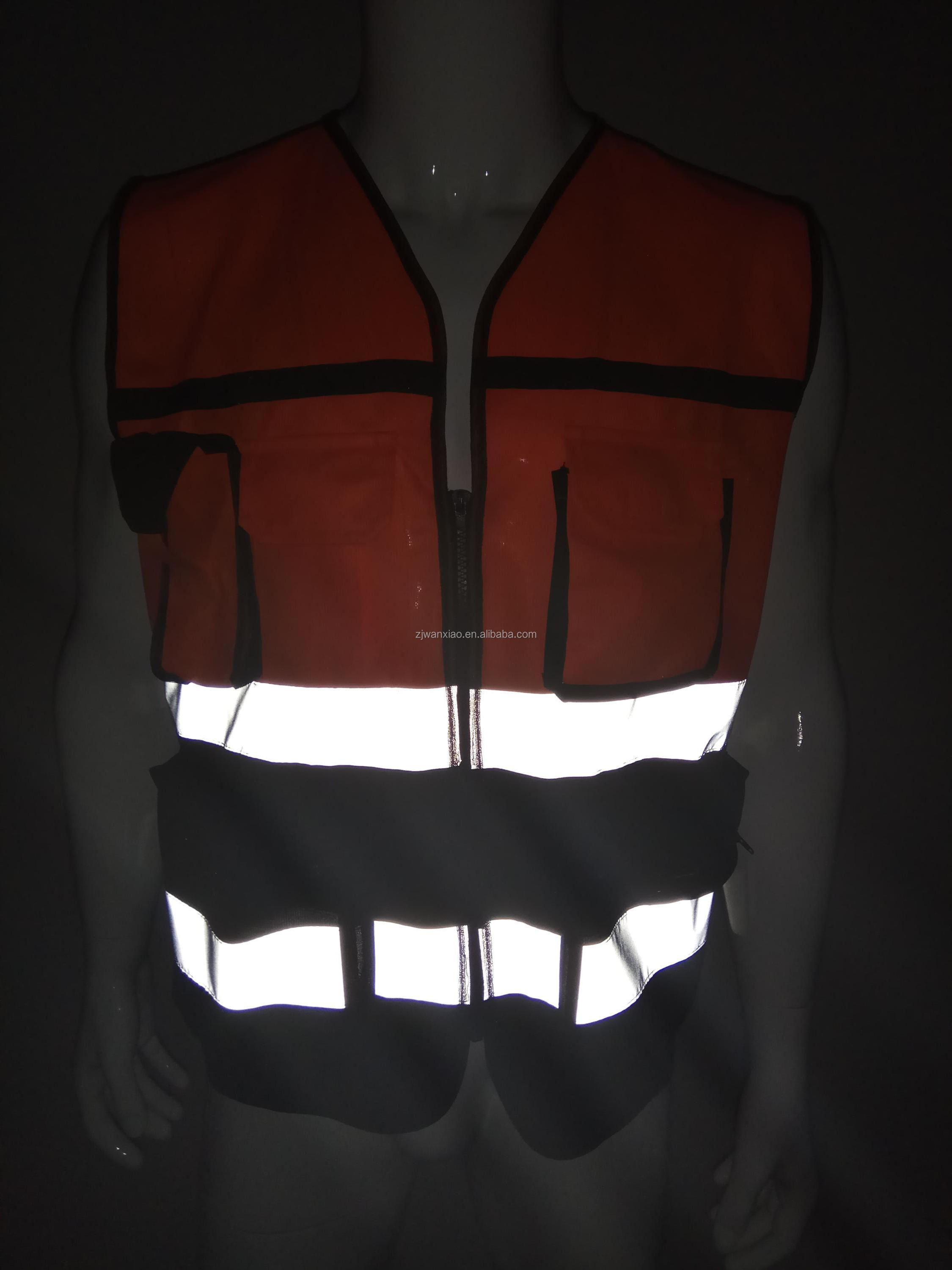 Wholesale Promotion Polyester Orange Black Fabric Reflective Safety Vest With Pockets cheap reflective work