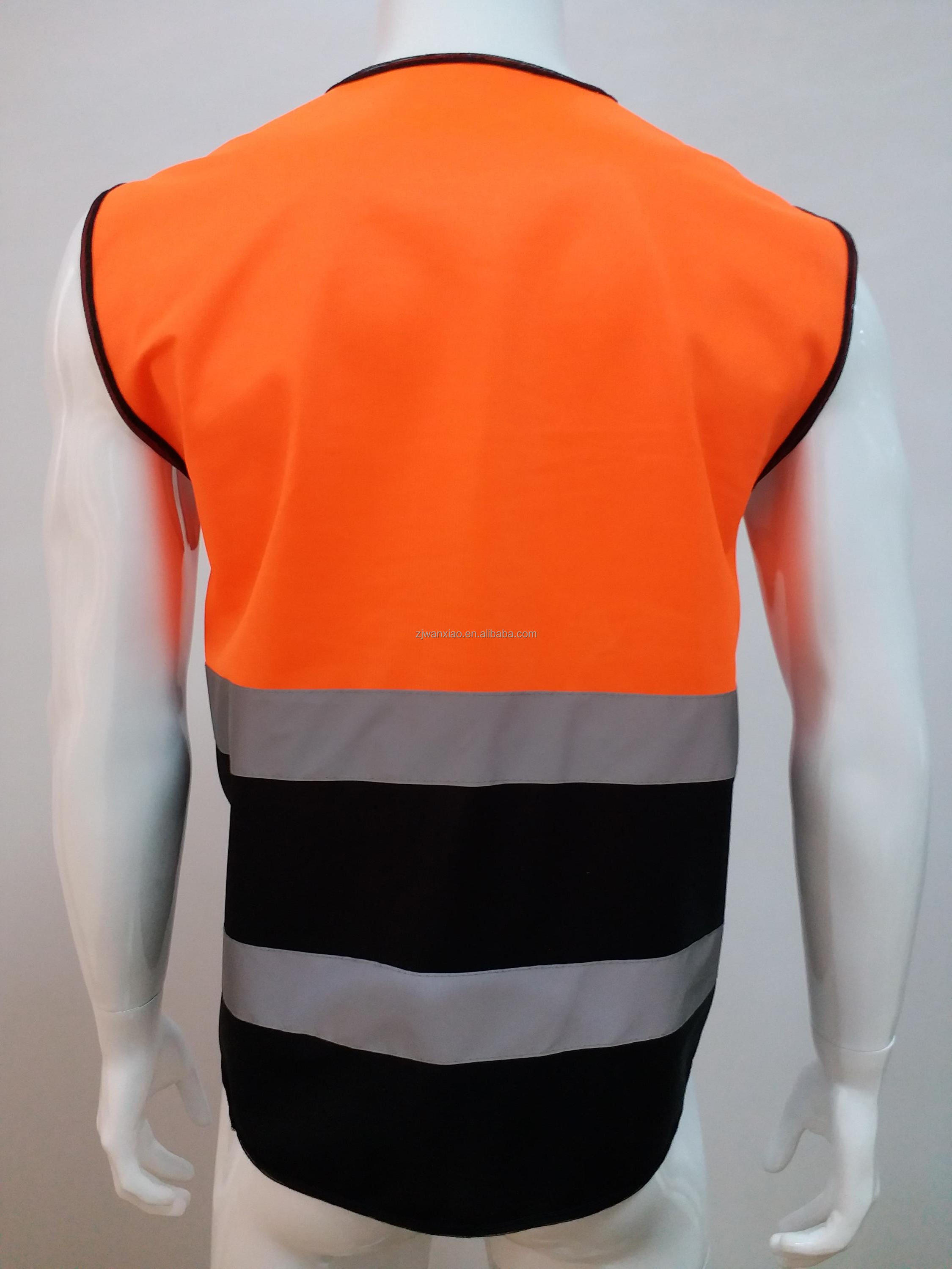 Wholesale Promotion Polyester Orange Black Fabric Reflective Safety Vest With Pockets cheap reflective work