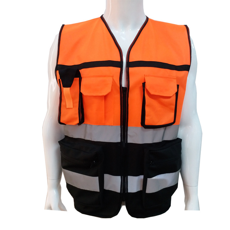 Wholesale Promotion Polyester Orange Black Fabric Reflective Safety Vest With Pockets cheap reflective work