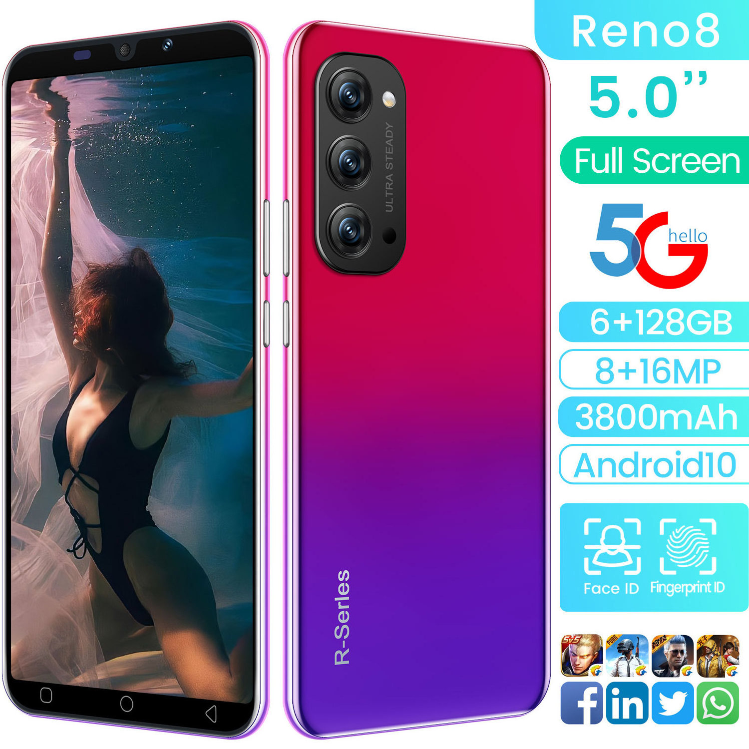 RENO 8 Pro 12GB+512GB Phone 10-core Global Version Cellphones Original Smartphones 5G Mobile Phone Smart Phone TFT Android 11 2k