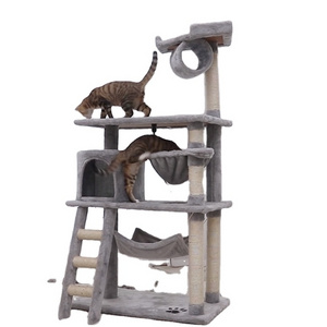 Large Cat Trees Hammock with Plush Toy & Cat Scratcher Luxury Wooden Plush Cat Tree Tower