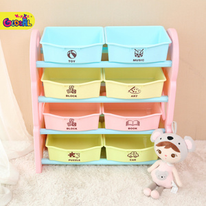 Kids eco-friendly storage rack indoor toy organizer shelf with plastic bins