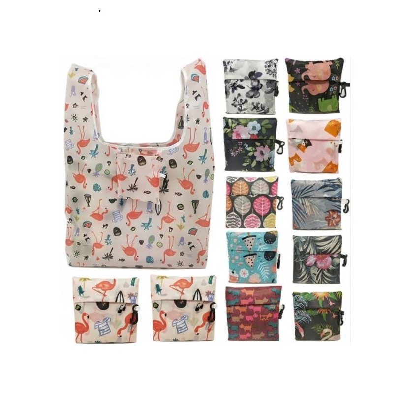 Reusable grocery shopping promotion sublimation printed 190T 210D foldable polyester gift tote bag with pouch