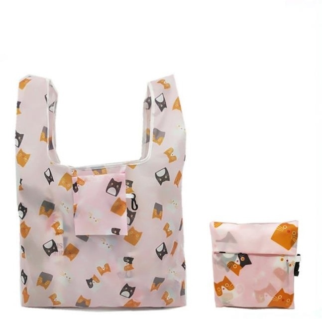 Reusable grocery shopping promotion sublimation printed 190T 210D foldable polyester gift tote bag with pouch