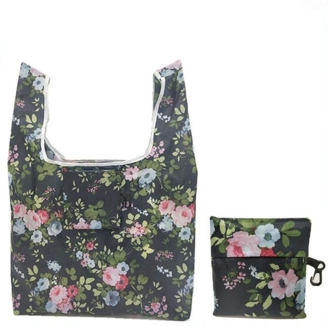 Reusable grocery shopping promotion sublimation printed 190T 210D foldable polyester gift tote bag with pouch