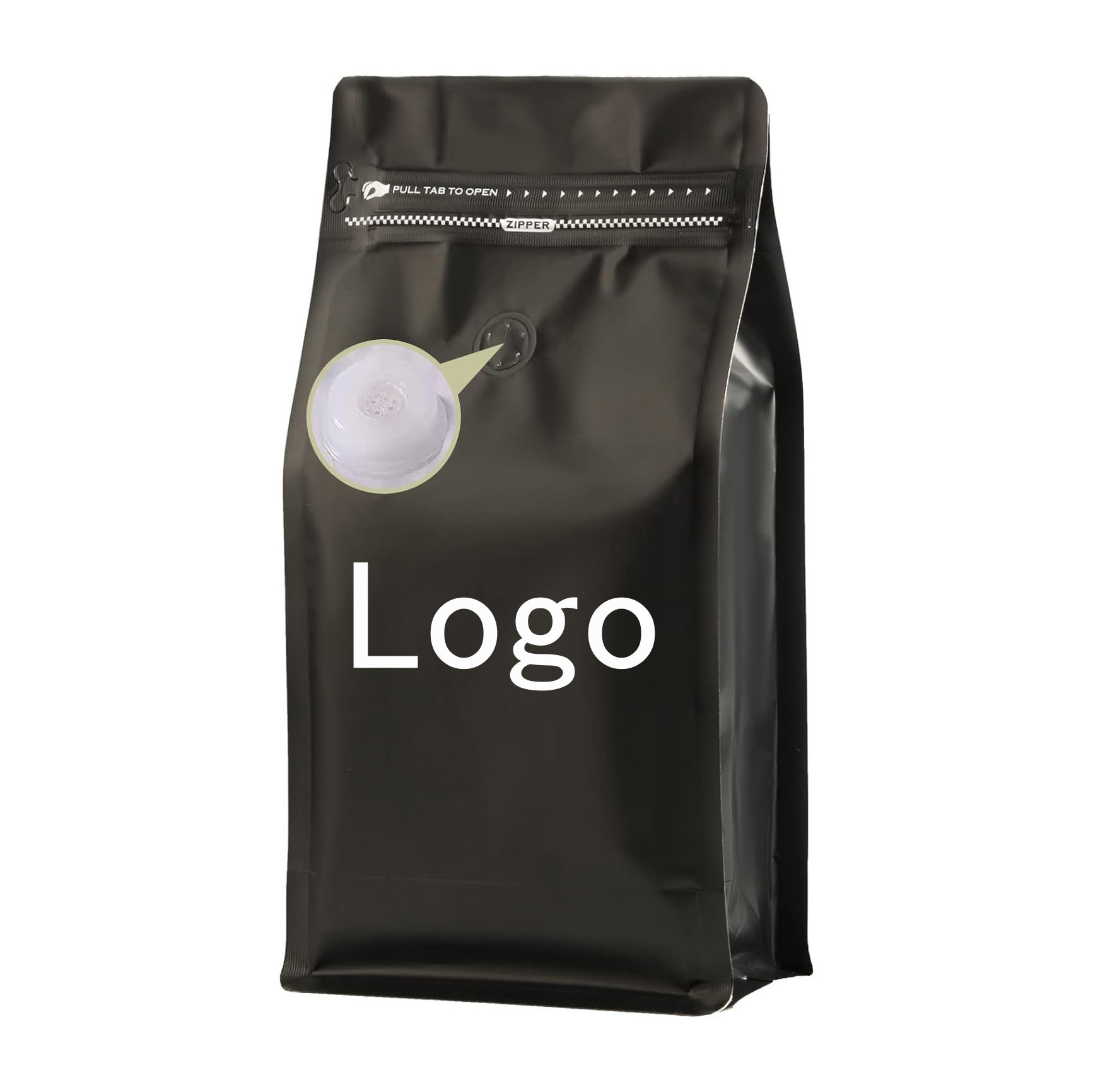 Custom Design Matte Black Flat Bottom Coffee Bean Packaging High Barrier Side Zipper Coffee Bags 16 oz With One Way Air Valve