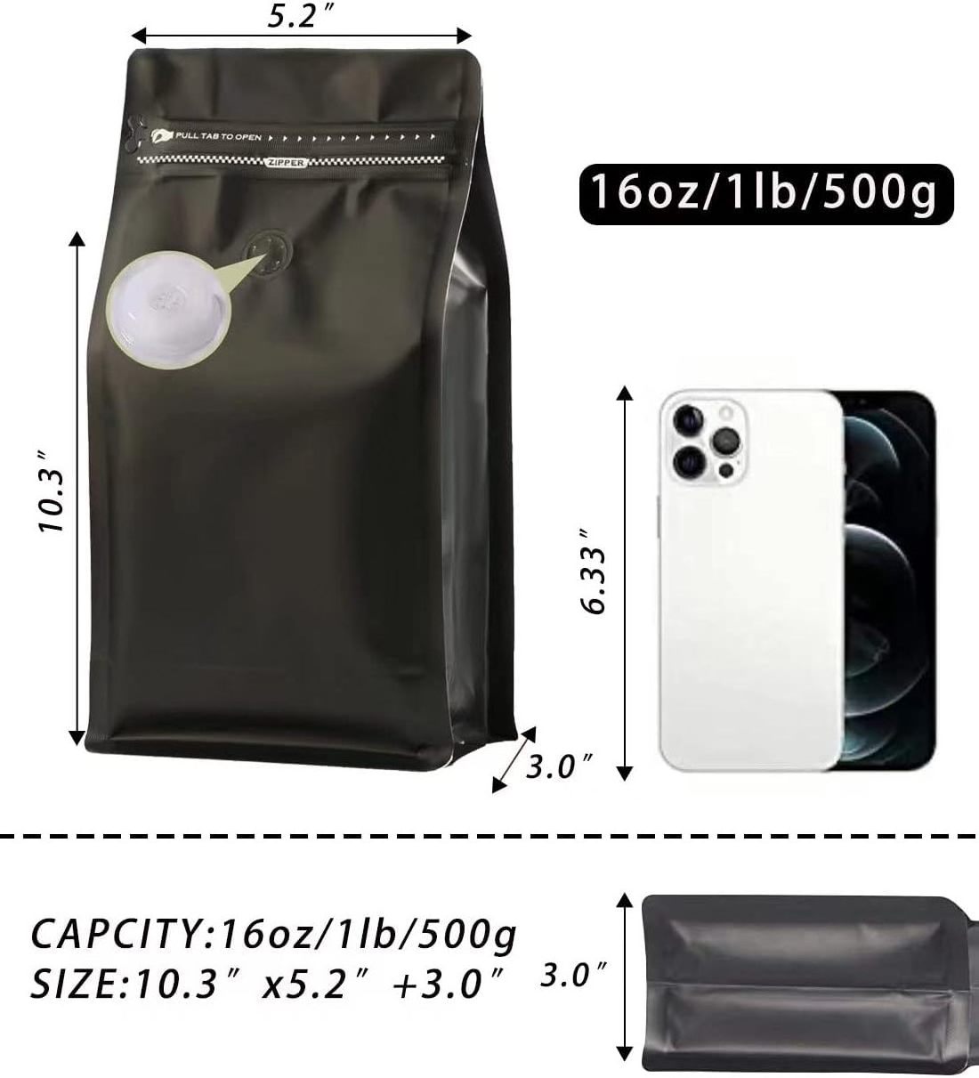 Custom Design Matte Black Flat Bottom Coffee Bean Packaging High Barrier Side Zipper Coffee Bags 16 oz With One Way Air Valve