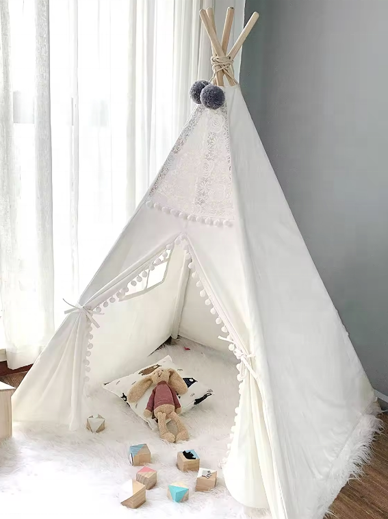 Teeppe Tent for Kids Canvas Washable Portable Play Tent  for Child With Tassels Lace BoHo Play House Tipi for Kids Room Decor